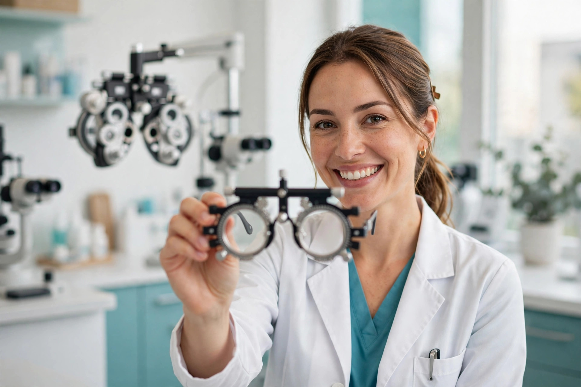 Optometrist holding trial lens frames in a bright eye clinic